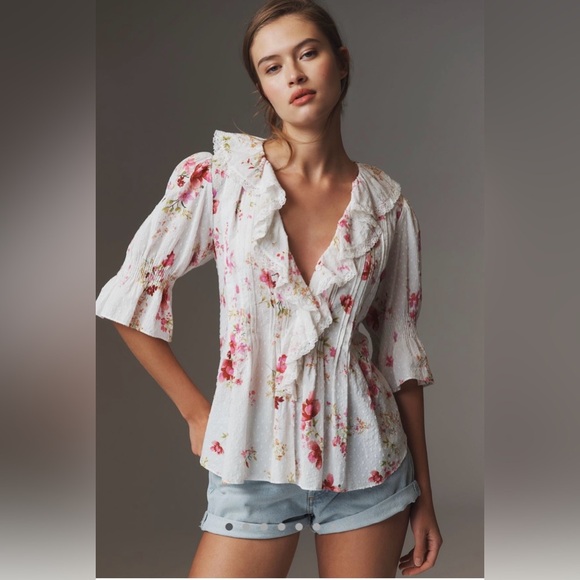 By Anthropologie Ruffled Pin-Tuck Button-Front Blouse - Picture 1 of 7